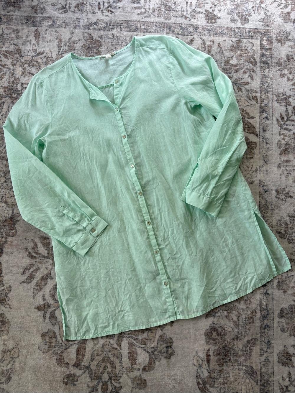 Eileen Fisher Organic Linen Tunic Top Size M Medium Mint Color Lagenlook Neck